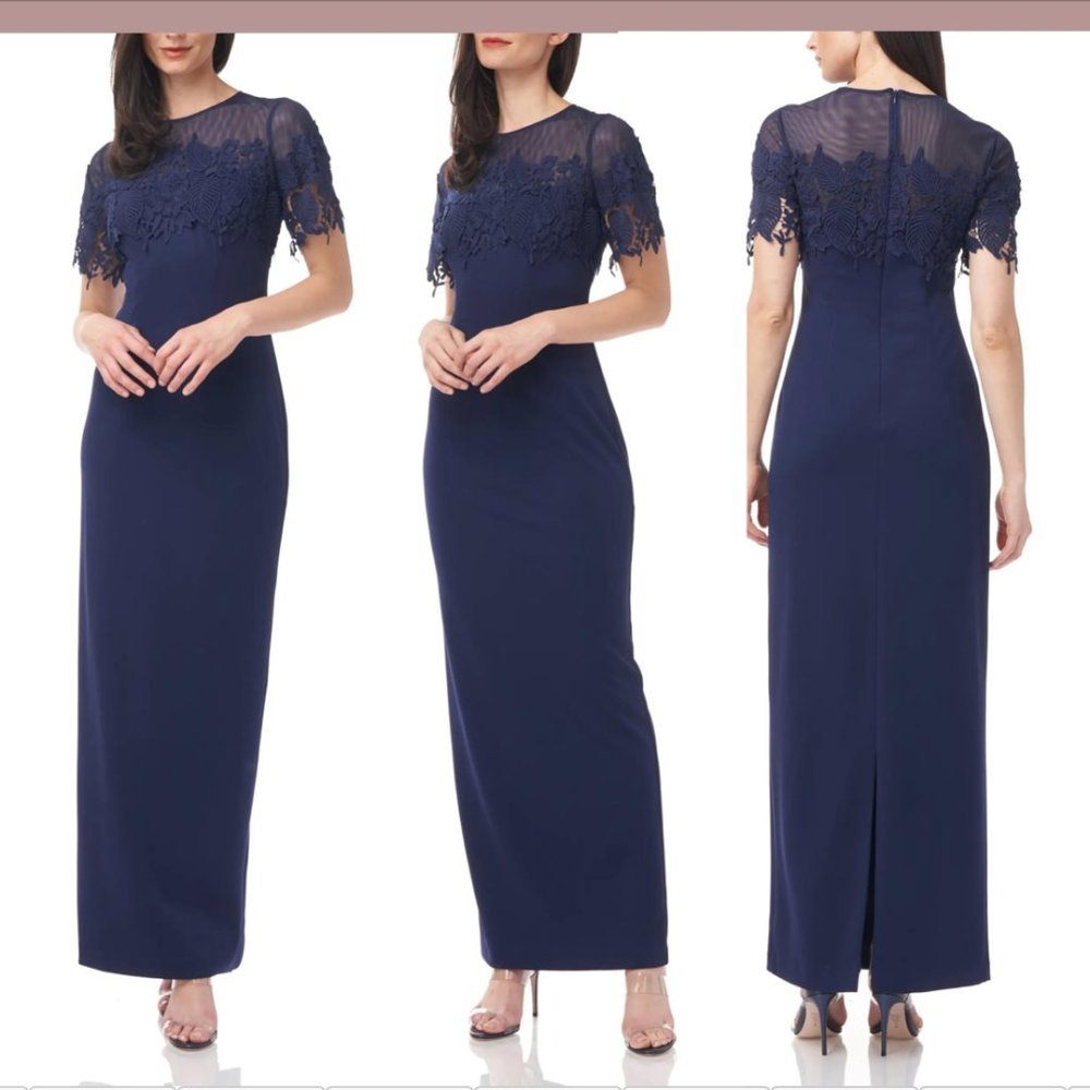 NWT JS Collections [ 4 ] Crochet Embroidered Illusion Gown in‎ Navy #Q261